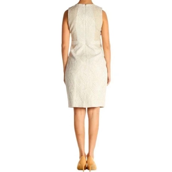 Calvin Klein Tan and Ivory Scuba Structured Sheath Dress Tropical Leaves Size 12 - Picture 3 of 12